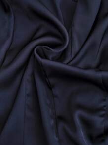 Aalyst Women's Long Sleeve Shiny Fabric Office Commute Blouse, Waist Design, Minimalist Solid Navy Color, Asymmetric Hem Fall Cloth For Women