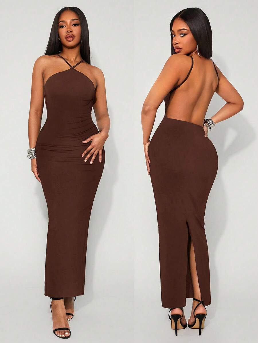 Radiana 夏季纯黑色性感优雅露背连衣裙 - 棕色 - 查看 1