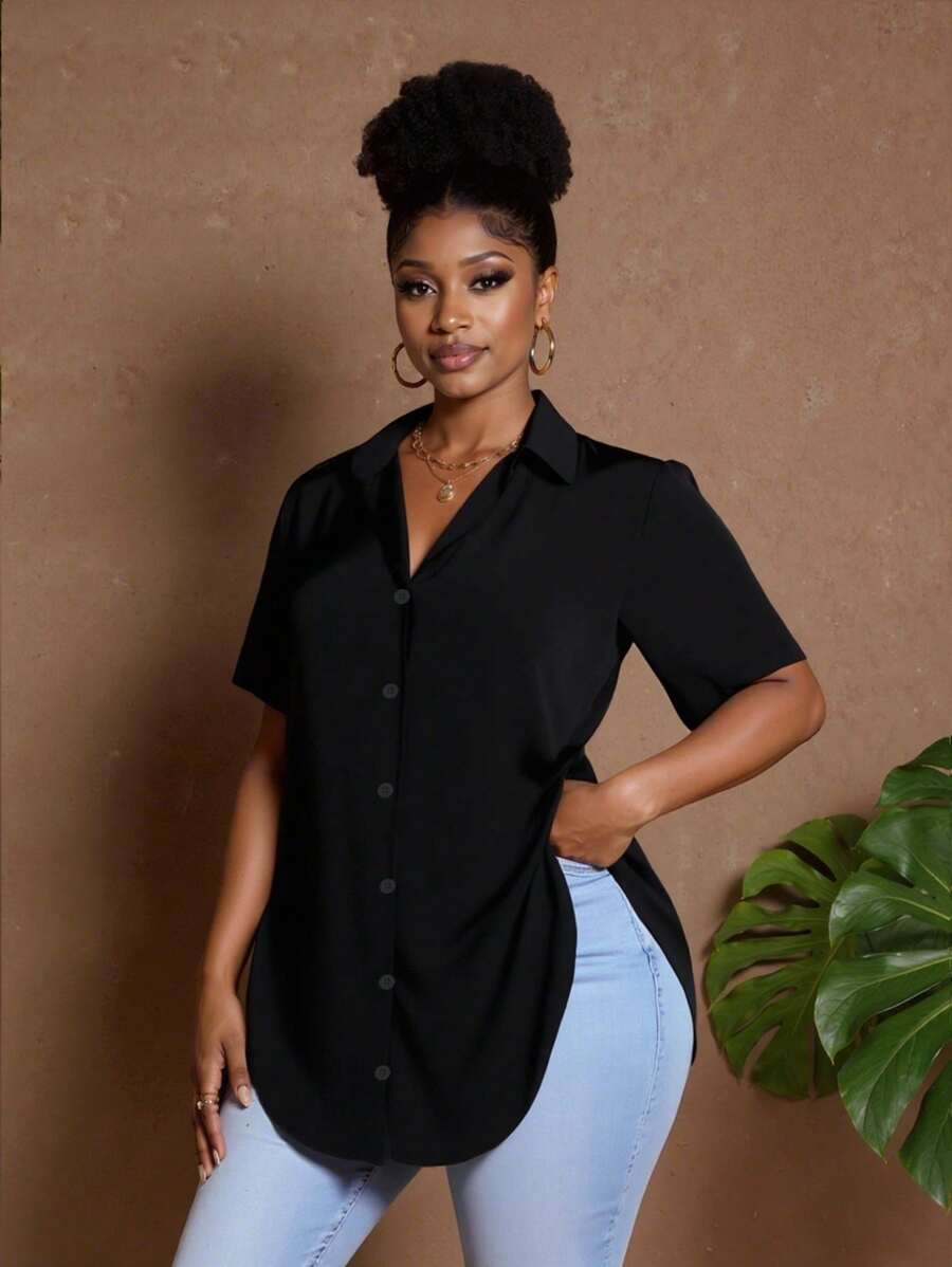 Maweii 大码女式夏季纯色短袖单排扣休闲衬衫 - 黑色 - 查看 1