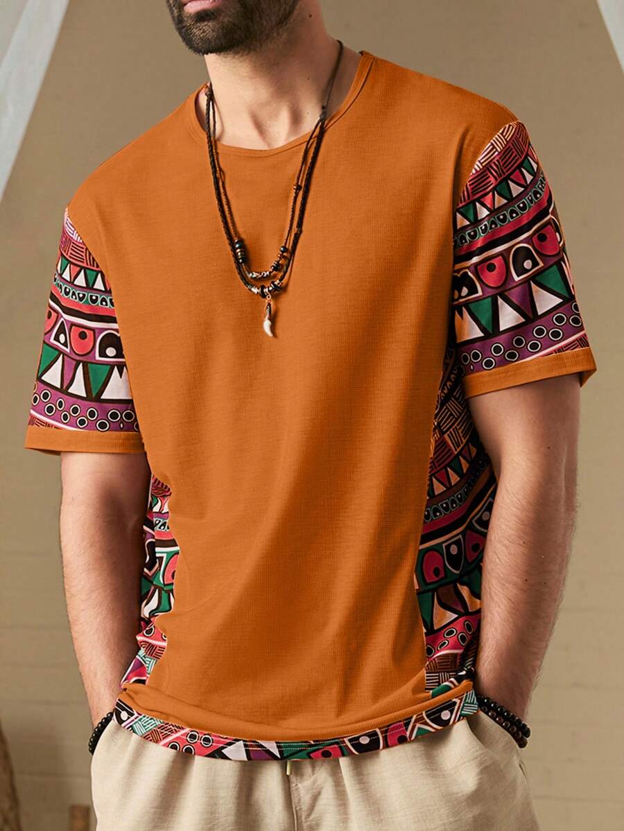 Manfinity RSRT 男士纯色拼布圆领短袖 T 恤，休闲日常穿着