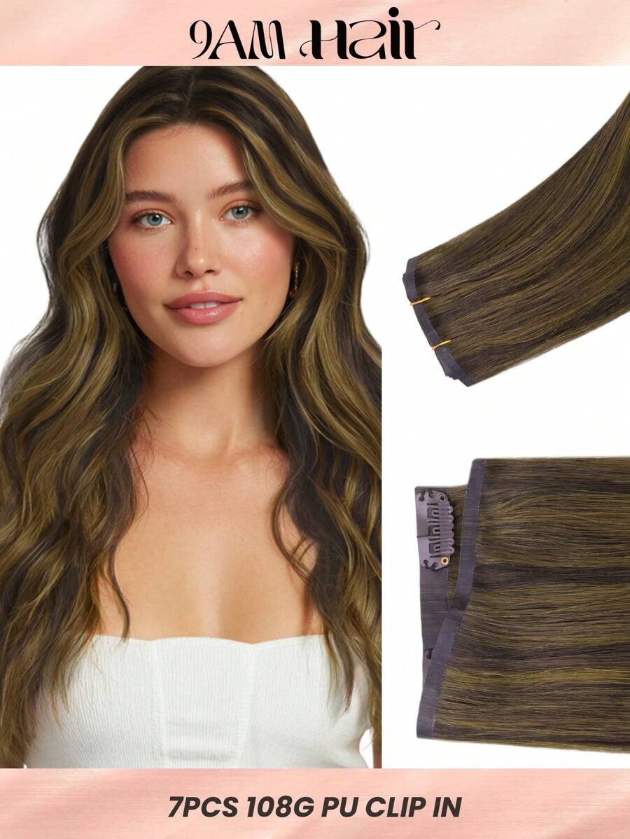 Seamless Clip Ins 7PCS Seamless PU Clip In Human Hair Extensions 100% Real Human Hair 14-22 Inch Balayage Ombre Blonde Color Skin Weft Remy Hair Extensions 110G With Clip - S1/2/5 - View 1