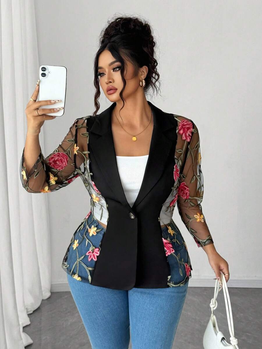Elenzga Plus Size Women Embroidered Mesh Patchwork Sheer Elegant Blouse - Black - View 1