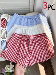 SHEIN EZwear Plus Size Women Waist Tie Plaid Loose Casual Shorts