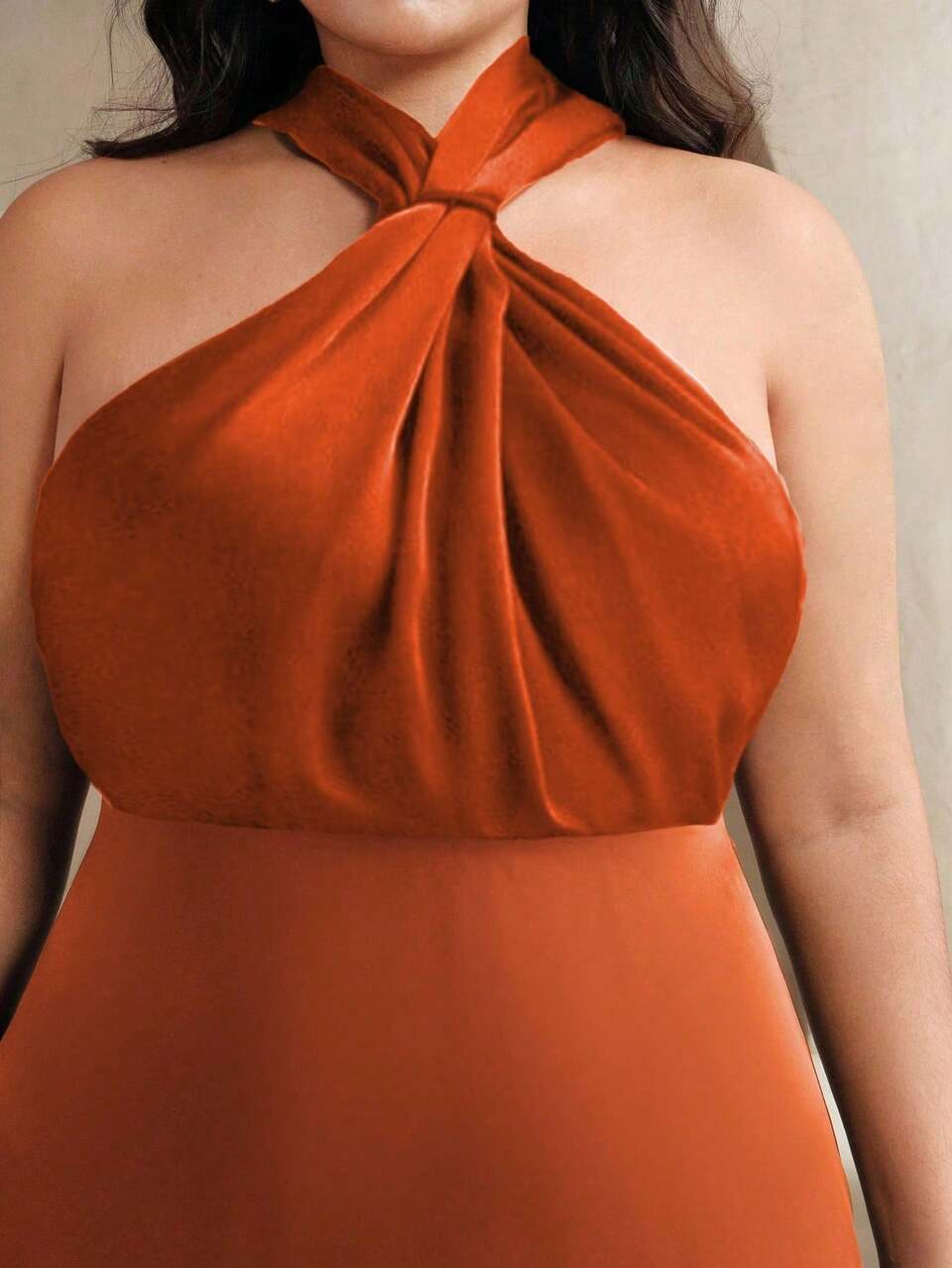 Plus Size Burnt Orange Elegant Wedding Summer Chiffon Cross Neck Ruched Waist A-Line Midi Flowy Dress For Birthday Party,Holiday,Casual Wear