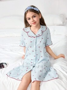 SHEIN 女童荷叶边领口前开褶皱樱桃格子印花睡袍 - 彩色 - 查看 6