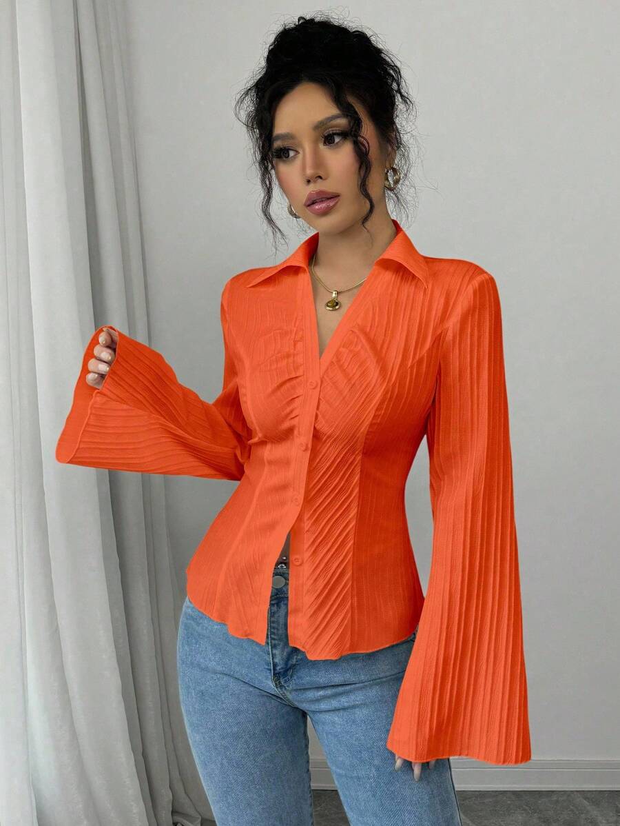 Selianne Women's French Style V-Neck White Blouse, Cinched Waist, Autumn Casual Outfits Spring Fall Cloth For Women