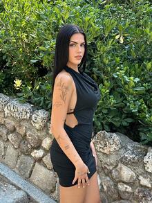 Lucia Bellido Black Plunging Neck Tied Back Open Back Sleeveless Bodycon Mini Dress - Black - View 5
