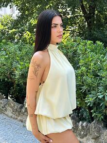 Lucia Bellido Women's Vacation Solid Color Ruffle Hem Fashionable Halter Mini Dress,Summer Dresses For Women Dresses For Wedding Event - Yellow - View 6