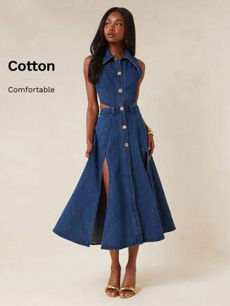 NYA SZN 连衣裙纽扣领镂空开衩细节早午餐日常休闲度假婚礼宾客新娘派对约会春夏牛仔长裙女装