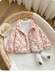 SHEIN 女嬰可愛豹紋粉色保暖冬季夾克，白色休閒秋季內裡柔軟布料附口袋，適合室內、戶外、約會與派對等多用途 - 彩色 - 查看 1