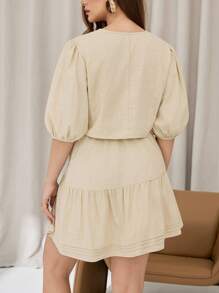 Auralis 大码女式夏季短裙套装、女式两件套、裙裤套装、杏色短袖套装、休闲女装可爱上衣女士休闲套装女士套装女士狂欢装休闲女装 - 杏色 - 查看 2