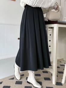 DAZY Women's Solid Color High Waist Pleated Casual Maxi Skirt Fall