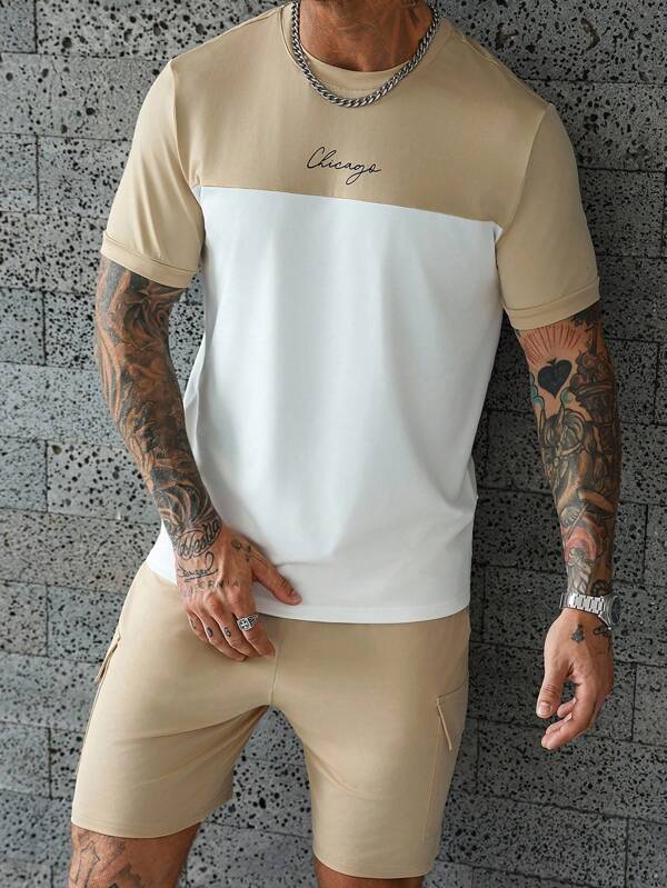 Manfinity Homme 2pcs Men's Letter Print Round Neck Short Sleeve Casual T-Shirt And Drawstring Waist Shorts Set