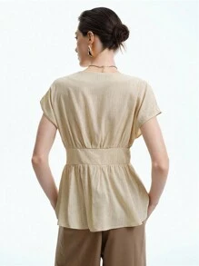 Aalyst 女士优雅时尚通勤休闲舒适迷人复古简约高端无袖 V 领开衫配腰带腰部 A 字下摆亚麻纯色衬衫 - 杏色 - 查看 2