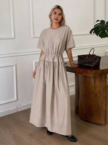 Livesso 女式夏季圆领短袖二合一束腰连衣裙 - 棕色 - 查看 4