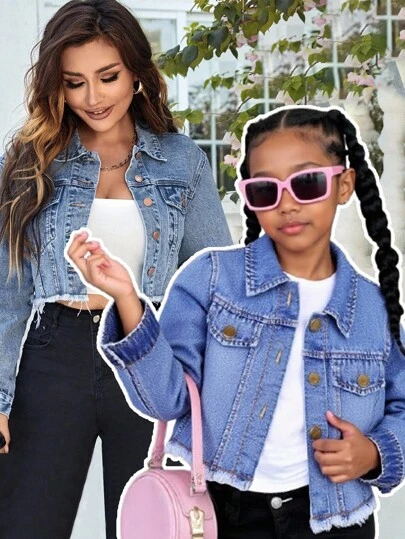 年轻女孩休闲牛仔夹克，有领和口袋，短款，长袖，秋季