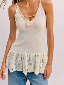 Nöista Knit Peplum Top With Crochet Hem, Chain-Trim Straps, And Rosette Detail. A Charming Pick For 4th Of July, Beach Looks, Or Party Pool And Summer! - White - View 3