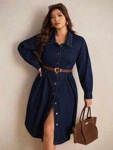 Elaquor 加大码深蓝色牛仔连衣裙衬衫式长袖长裙腰部设计秋季时尚穿搭OOTD - 深色水洗藍 - 查看 3