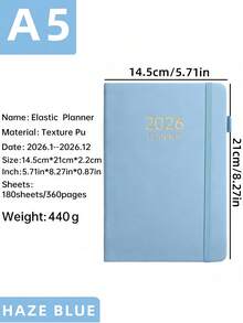 SHEIN 1 New 2026 A5-Size Thickened English Planner, 180 Sheets (360 Pages) Thick Annual Calendar Book, 365-Day Daily Planning Agenda Book, A5 Elastic Band Notebook For Daily Life, Office Scenarios And School Use