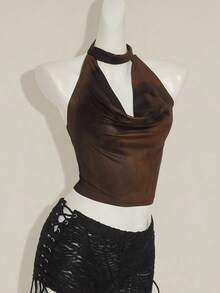 SHEIN ICON Y2k 夏季外出俱乐部音乐会黑红西部嬉皮花卉女式扎染网眼印花露背背心 - 棕色 - 查看 7