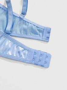 ROMWE Kawaii 可爱蕾丝睫毛蝴蝶结钢圈文胸和丁字裤内衣套装，性感 - 藍色 - 查看 4