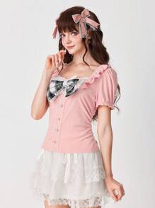 ROMWE EDITION 女式可爱学院风二合一蕾丝拼布格子蝴蝶结装饰紧身T恤 - 粉色 - 查看 5