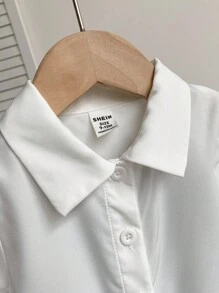 SHEIN 3 件套女婴夏季休闲条纹长袖防晒翻领衬衫外套、柔软黑色吊带背心和紧身短裤套装，适合上学、日常穿着和运动 - 黑與白 - 查看 7