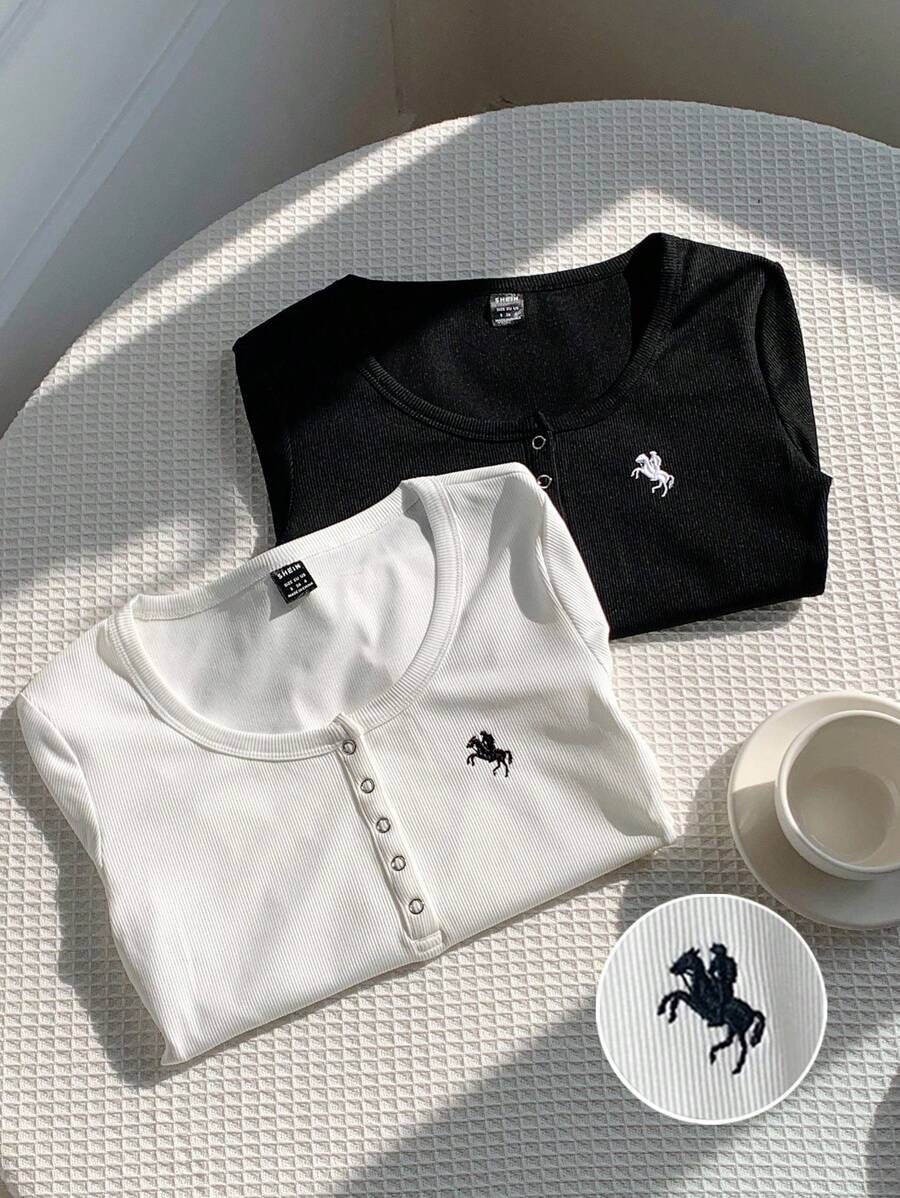 Comfortcana 2pcs Women's Solid Color Henley Neck Embroidery Slim Fit Long Sleeve T-Shirts - Black and White - View 1