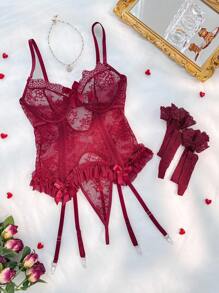 SHEIN Bộ Đồ Lót Corset Gợi Cảm Cho Nữ Có Nội Y Có Gọng, Quần Thông, 2 Đôi Tất Lưới (4 Cái) - Màu Đỏ Sâu - Xem 6