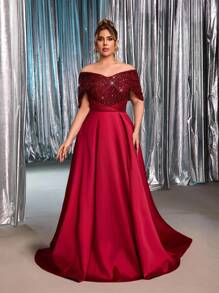 Glamrae Váy dạ hội cỡ lớn mùa thu đông thanh lịch và lộng lẫy màu đỏ rượu vang đính sequin, chất liệu satin sáng bóng, kiểu dáng trễ vai xếp ly, thích hợp cho các buổi tối, tiệc độc thân, hẹn hò, lễ hội, khiêu vũ, lễ tốt nghiệp, đám cưới, sự kiện dạ hội (kiểu dáng cầu kỳ), trang phục Gothic, Ngày Valentine. - Màu Đỏ Sâu - Xem 2