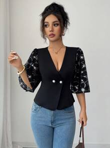 Elenzga Blusa elegante y sexy de escote en V para damas, con borde de volantes tejidos y parches bordados, adecuada para fiestas, té de la tarde, Halloween - Negro - Ver 3