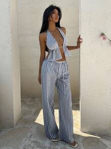 Aloruh Striped Backless Halter Top & Wide Leg Pants 2 Pieces Vacation Set - Navy Blue - View 4