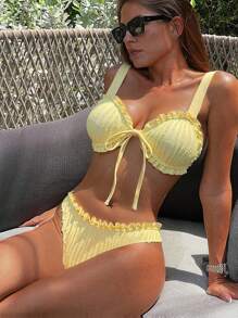 Bonvoyette Summer Solid Dobby Fabric Ruffle Bow Front Tie Cami Strap Cute Girl Casual Beach Bikini Swimwear Set For Women - Yellow - View 1