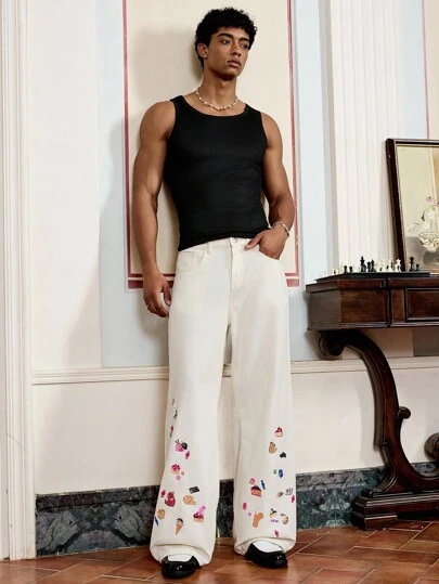 SWAVVY Men's Casual Fashion Street Cartoon & Food Print Loose Wide-Leg Jeans