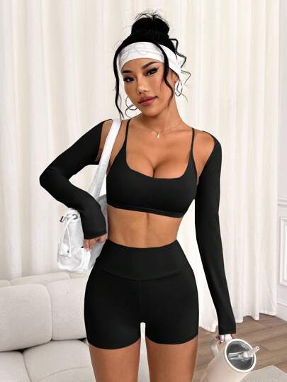 Slayform Ensemble de 3 pièces de tenue de sport pour femmes : Boléro mode décontractée à manches super courtes, body avec dos croisé à fines bretelles et shorts moulants