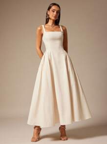 Silquee Women's Solid Color Pleated Design Square Neck Sleeveless Elegant Mid-Length Dress Cream Dress A Line Formal Dress Ankle Length Dress Ivory Dress Suitable For Daily, Dating, Going Out, Nightclub, Party, Autumn, Women's Summer Dresses, Tea Party Dresses