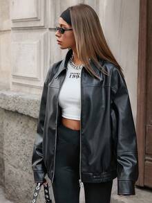 EURMUSE Fashionable Versatile Solid Color Loose Fit Jacket Everyday Traveling Black Autumn Casual Grunge - Black - View 4