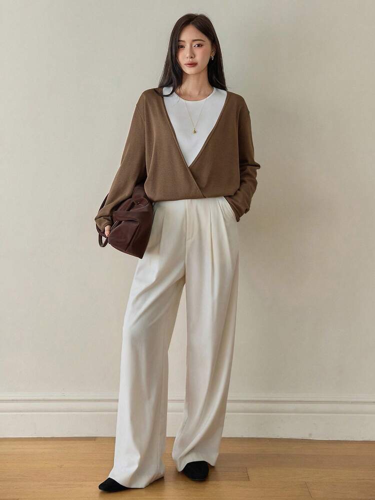 Women's Deep V-Neck Crossed Design Loose Knit Sweater, Business Casual Office Commuter Workwear, Long Sleeve, Autumn/Winter,Fall Women Clothes
