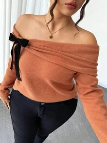 Elenzga 大码女式纯色针织露肩蝴蝶结长袖套头衫，优雅秋冬装 - 棕色 - 查看 6