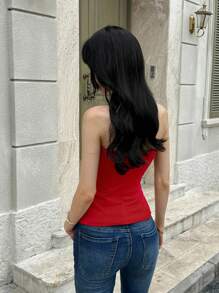 SHEIN Unity 女式春夏新款时尚金色纽扣下摆开衩性感V领褶饰短款上衣 - 酒紅色 - 查看 2