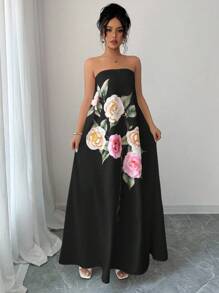 Elenzga Váy Bandeau in hoa dáng rộng thoải mái dành cho nữ - màu đen - Xem 6