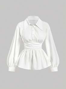 SHEIN MOD Women's Elegant White Button Up Shirt,Turn-Down Collar Long Sleeve Ruched Ruffle Hem Blouse,Autumn Office Professional Business Casual,Graduation - White - View 2