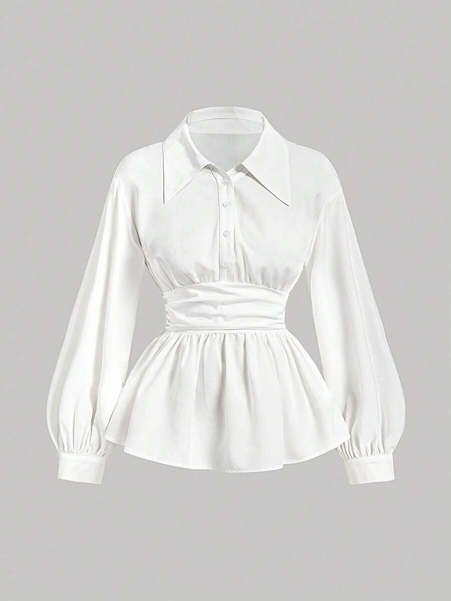 SHEIN MOD Women's Elegant White Button Up Shirt,Turn-Down Collar Long Sleeve Ruched Ruffle Hem Blouse,Autumn Office Professional Business Casual,Graduation