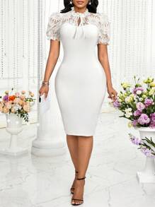 SHEIN Lady Váy midi ren chắp vá tay phồng mùa hè cho nữ dự tiệc cưới mùa hè - trắng - Xem 6