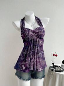 Comfortcana Women's Casual Retro Twist Knot Ruched Backless Halter Top,Off The Shoulder Top - Multicolor - View 4