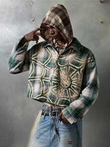 NEON BLANC 男士休闲日常复古格子蜘蛛网印花纽扣衬衫 - 綠色 - 查看 2