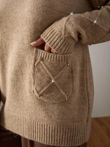 EURMUSE Women Solid Color Brushed Yarn Rhinestone Detailed Pocket Round Neck Drop Shoulder Pullover Women's Brown Sweater Fall Sweater Knit Sweater Embellished Sweater Pullover Sweater,Jumper,Cream Jumper,Jumpers,Christmas Jumper,White Jumper,Black Jumper,Ladies Jumper,Women's Jumpers - Light Grey - View 5