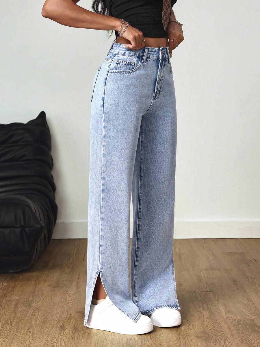 SHEIN Tall 高腰九分开叉浅色洗水牛仔裤 - 淺色水洗藍 - 查看 1