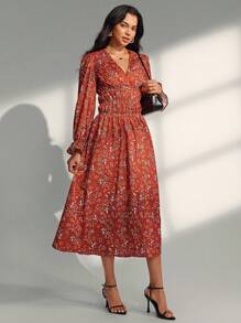Chiquease Robe longue ample à manches longues avec imprimé floral marguerite pour femmes - Orange brûlé - Voir 6