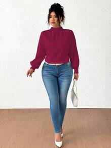 Vionelle 大码纯色按扣领休闲长袖纹理衬衫泡泡袖衬衫优雅白色女式衬衫白色 - 酒紅色 - 查看 5